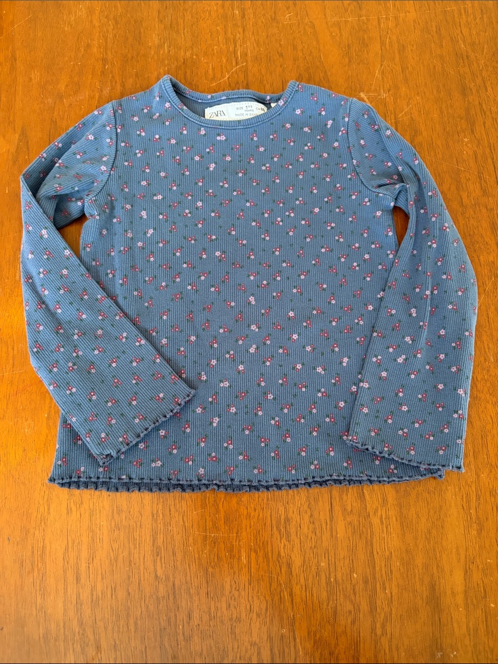 🍊5/$25 Zara Dusty Blue Ribbed Long-Sleeve Top with Pink Floral Motif